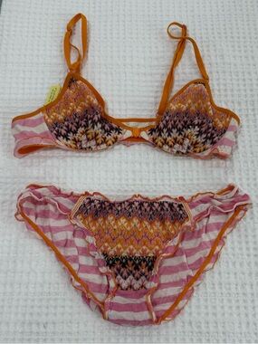 Free People Intimately Pink & Orange Striped Bra and Brief RARE